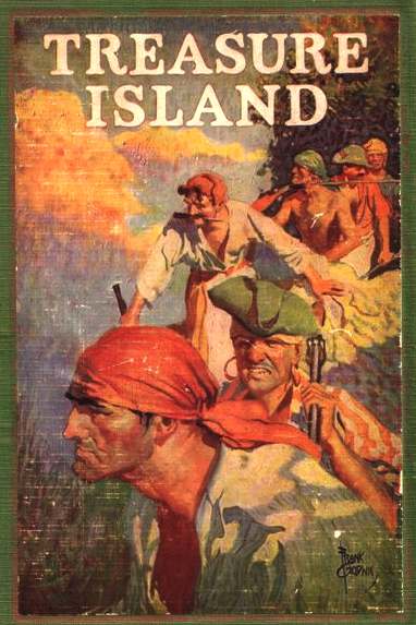 Treasure Island book cover, pirates after buried gold, jewels and pearls