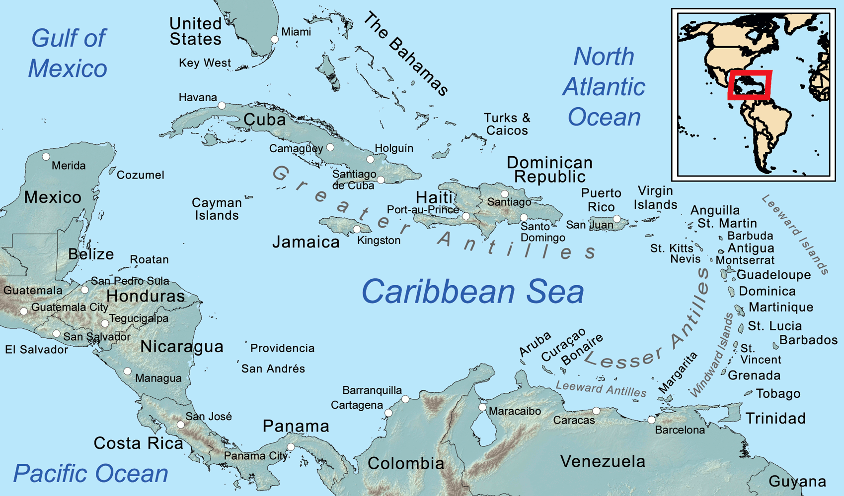 The Caribbean Sea, and surrounding geographical islands