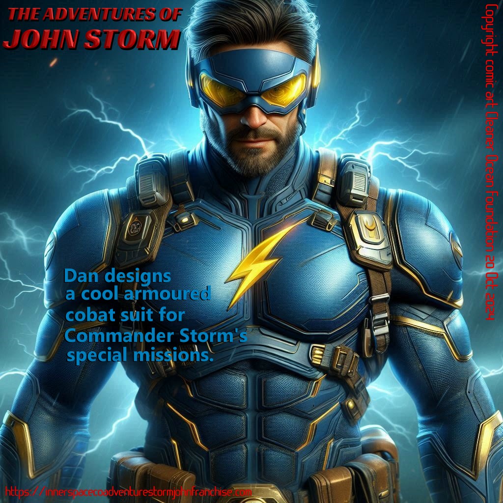 NEW SUIT - Dan gets carried away and designs a suit for John partly inspired by some of his comic book heroes; only to be worn in exceptional combat situations. It is bullet and tazer prrof. With predator inspired optical (chameleon) and infra-red camouflage as a feature that sometimes glitches when the system encounters new backgrounds. John is impressed, but a bit embarrassed when wearing this amazing costume for the first few times. He asks Dan to make a mask to hide his facial features. At which point Dan laughs, but then agrees a mask visor might be useful on certain missions to protect his vision and enhance night vision. Should he go Batman or Captain America style, Dan cannot decide. Then there are Ant Man and Iron Man full face helmets. Or, is there something in between, less restrictive that still protects the identity of the wearer. Special glasses are a practical idea for John Storm being easy to wear and remove, but hardly subtle. For sure these high-tech, polarized lenses can subtly alter his facial features using small projections to mask his identity from observers and facial recognition software. These fit with his tech-savvy persona and adds a modern twist to the classic disguise trope. They also align with John's naval theme, being designed to withstand harsh marine environments. He's come a long way since the Kulo Luna adventure.