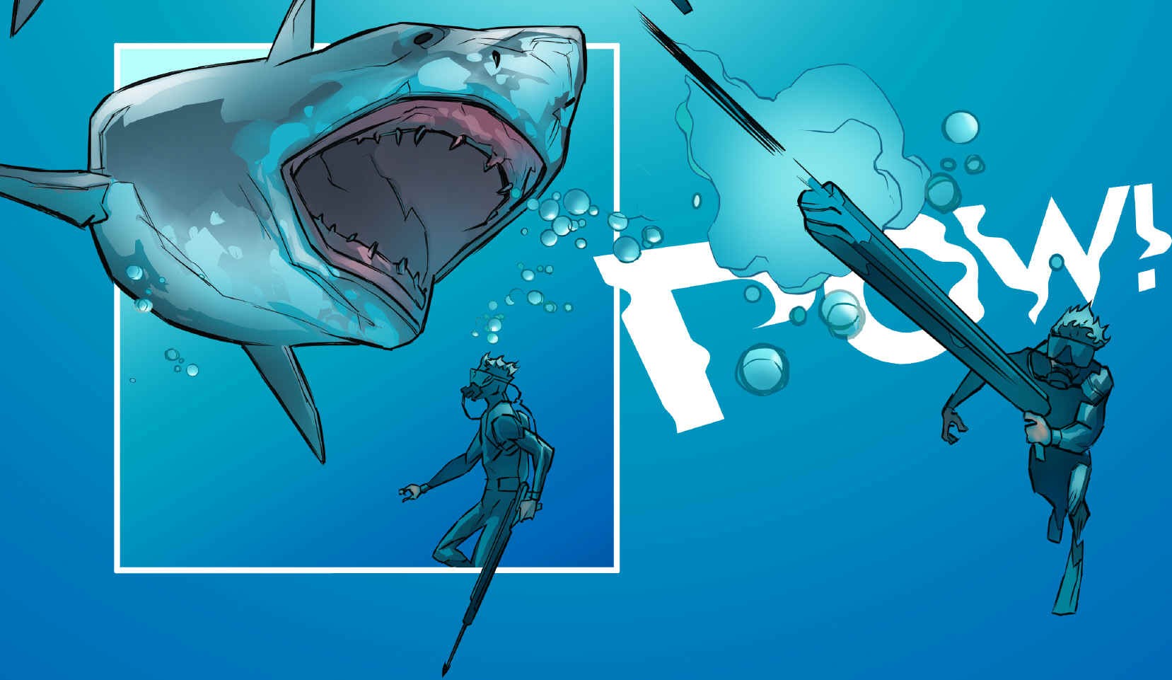 John Storm takes on a great white shark, fighting it off with a speargun