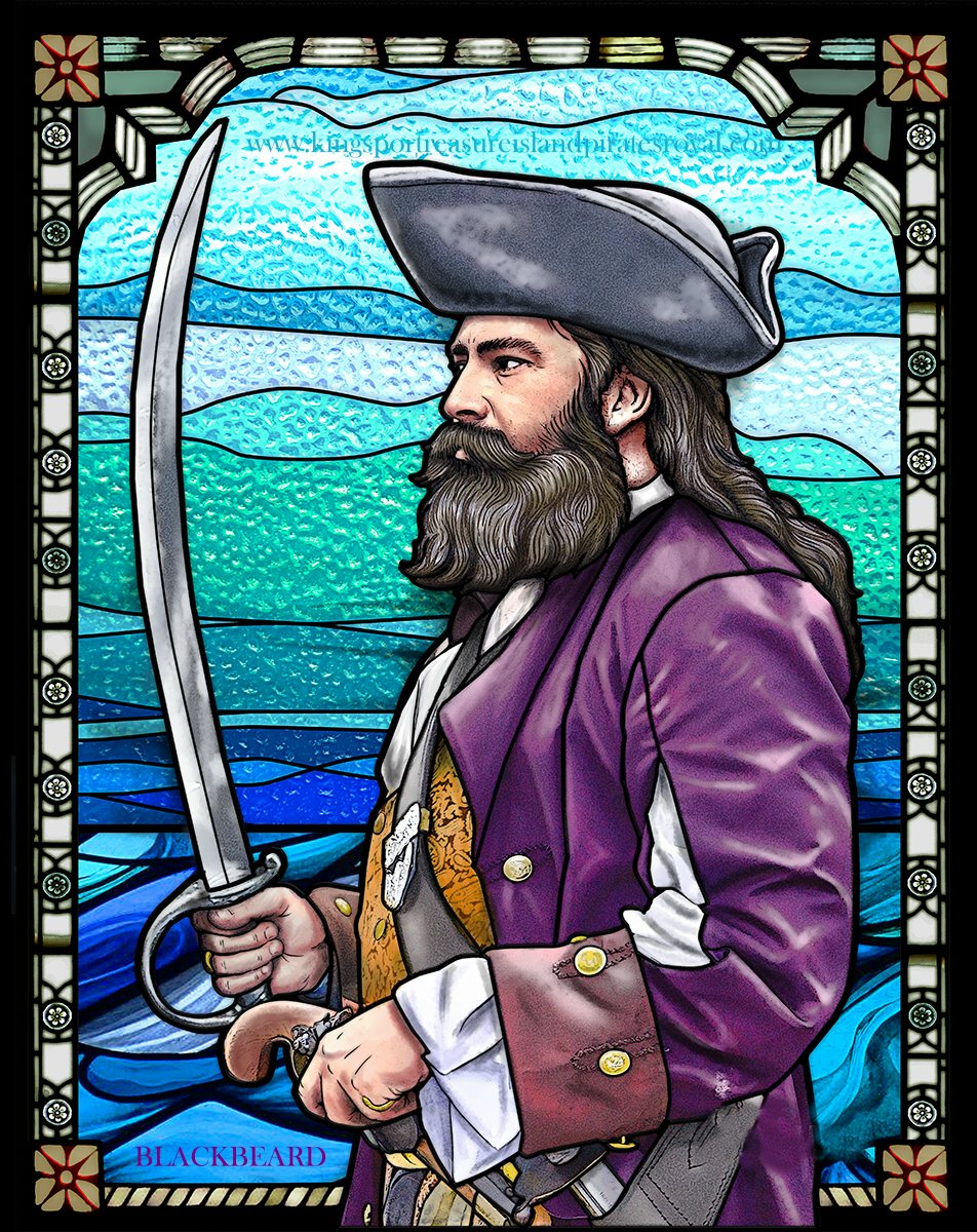 Blackbeard the pirate, imortalized in a stained glass window