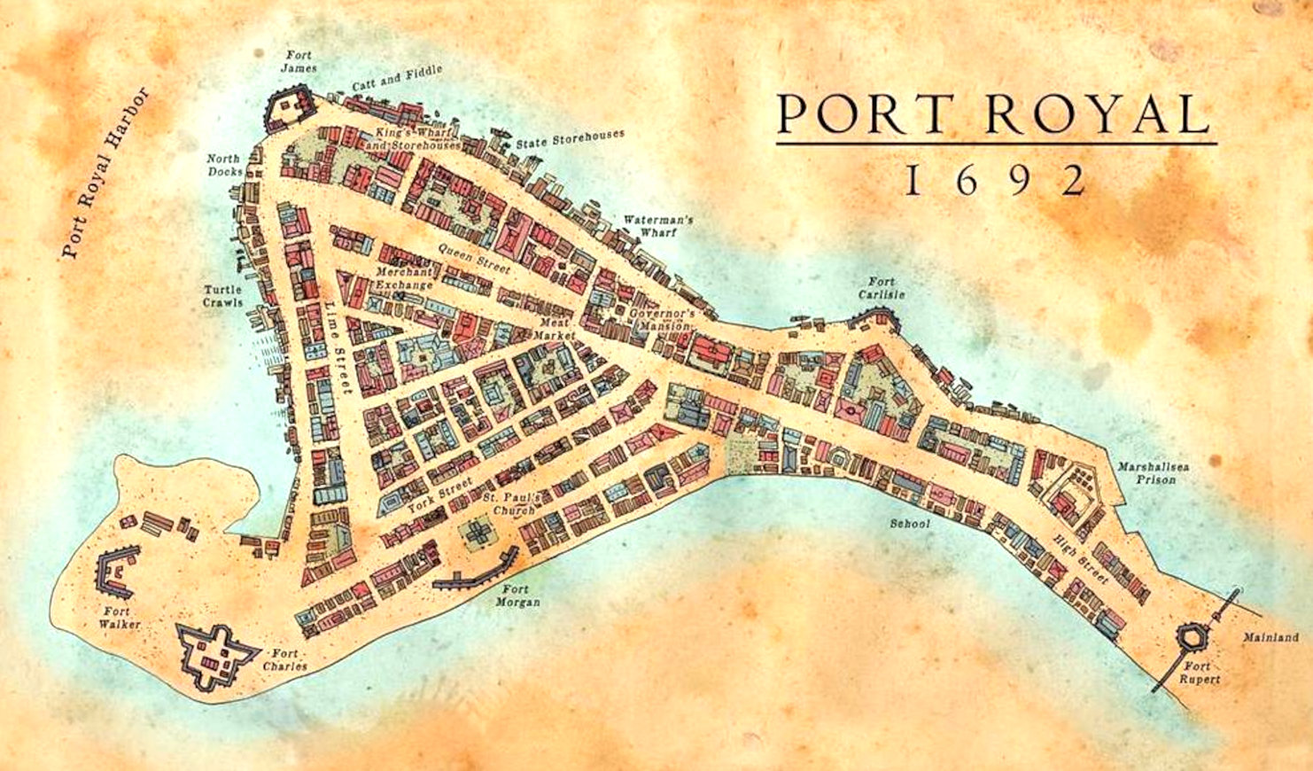 Map of Port Royal, before the Jamaican city was sunk