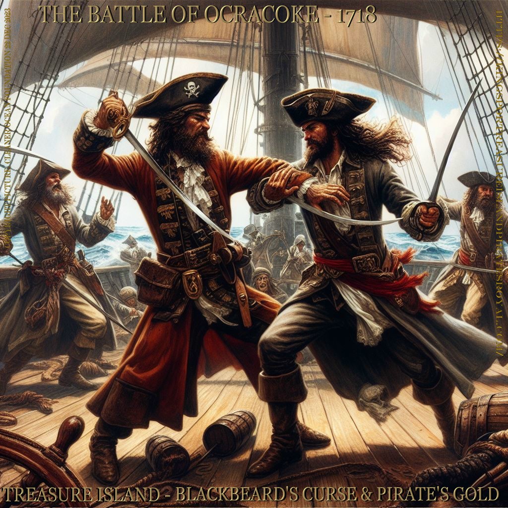 Edward Teach, the pirate Blackbeard, fights with Robert Maynard aboard the Endeavour, at the Battle of Ocracoke in 1718