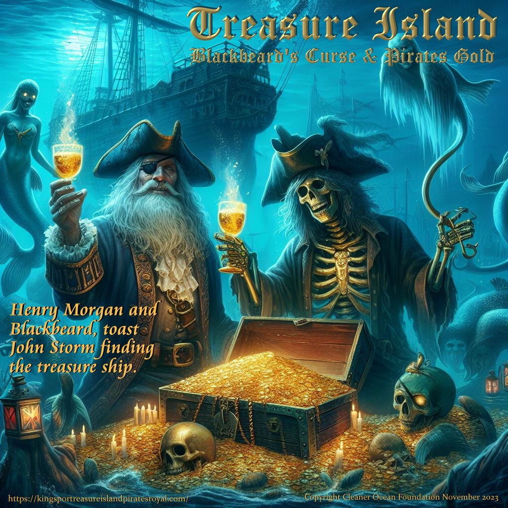 The ghosts of Henry Morgan and Blackbeard, toast John Storm fnding the treasure ship.